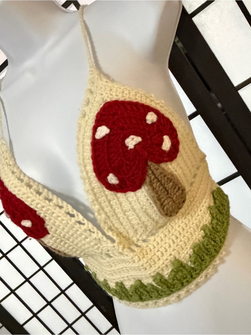 Women’s Handmade Cream Crochet Mushroom Crop Top - Picture 2 of 5